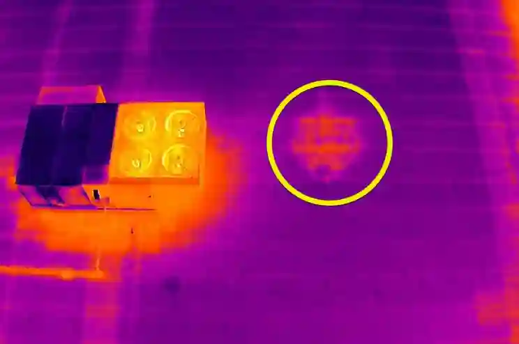 Infrared camera view of a roof membrane showing thermal variation